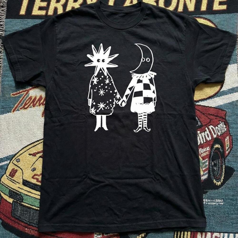 Celestial Sun & Moon T Shirt Star Character Checkered Graphic Art Tee Black